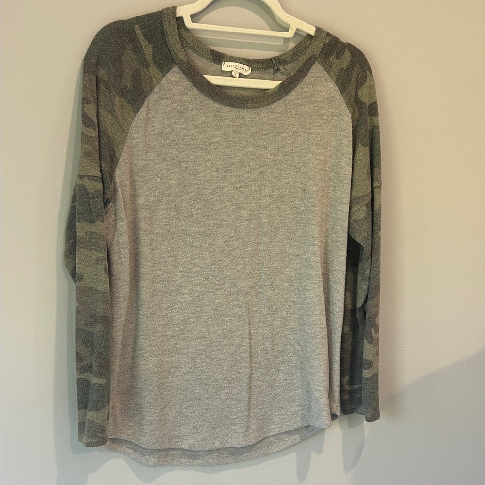 Stylish Gray Top with Camo Sleeves